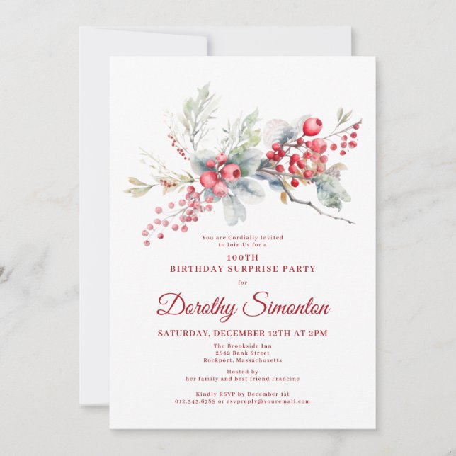 100th Birthday Greenery Red Berry Surprise Party Invitation (Front)