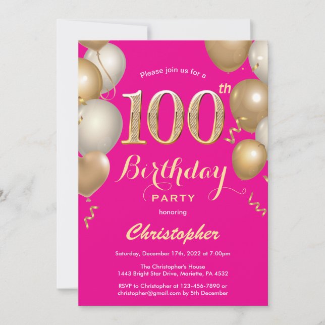 100th Birthday Hot Pink and Gold Balloons Confetti Invitation (Front)