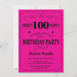 100th Birthday Invitation Black and Hot Pink
