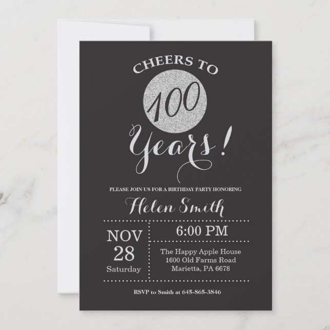 100th Birthday Invitation Black and Silver Glitter (Front)