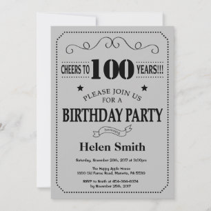 100th Birthday Invitation Black and Silver Grey