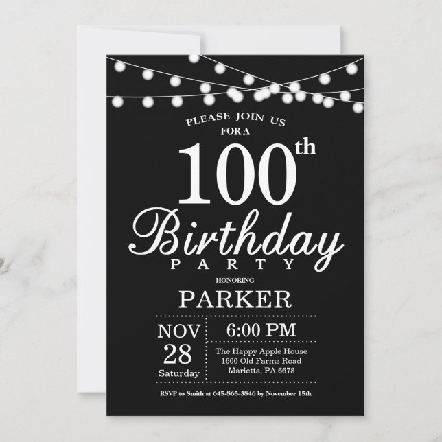 100th Birthday Invitation Black and White (Front)