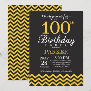 100th Birthday Invitation Black and Yellow Chevron