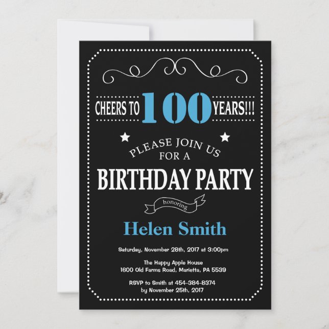 100th Birthday Invitation Blue Black Chalkboard (Front)