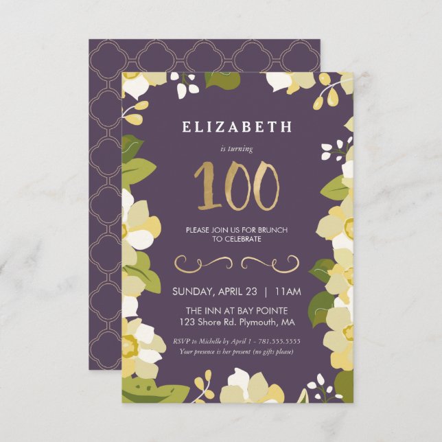 100th Birthday Invitation Customise Floral w/ Gold (Front/Back)