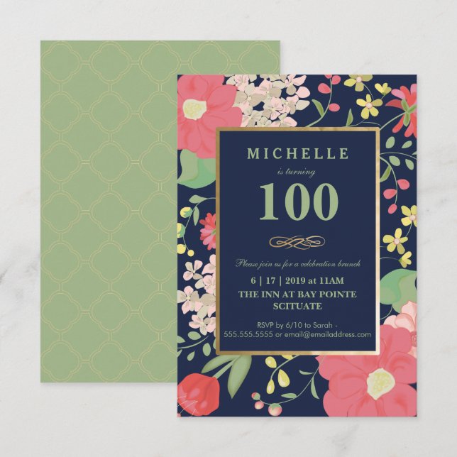 100th Birthday Invitation - Gold, Elegant Floral (Front/Back)