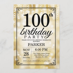 100th Birthday Invitation Gold Glitter
