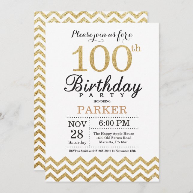 100th Birthday Invitation Gold Glitter (Front/Back)