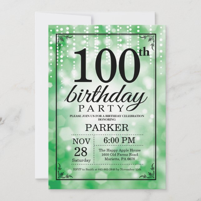 100th Birthday Invitation Green Glitter (Front)