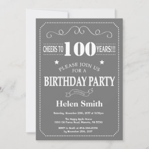 100th Birthday Invitation Grey and White