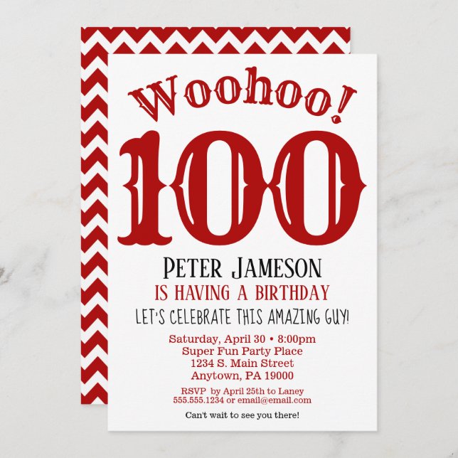 100th Birthday Invitation Mens Red Black (Front/Back)