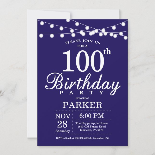 100th Birthday Invitation Navy Blue (Front)