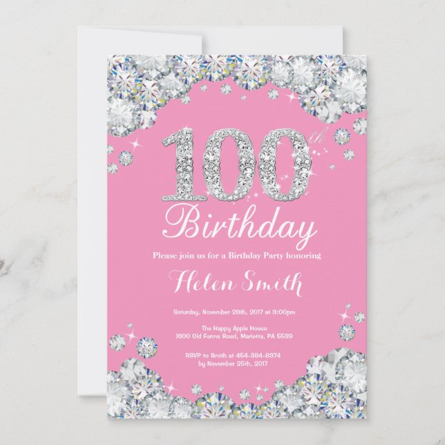 100th Birthday Invitation Pink and Silver Diamond (Front)