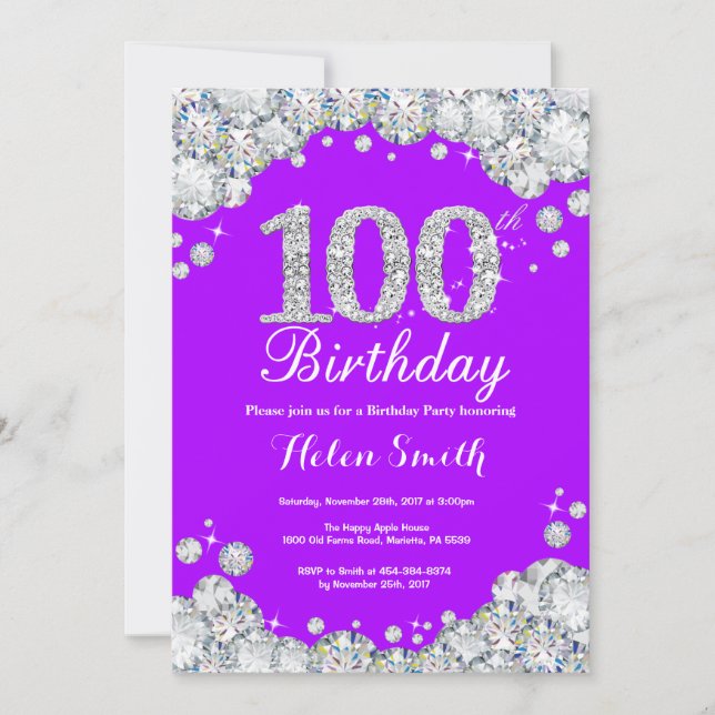 100th Birthday Invitation Purple Silver Diamond (Front)