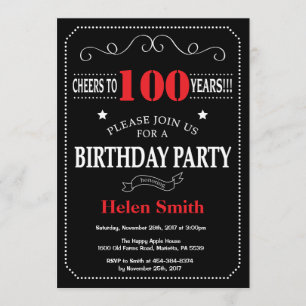 100th Birthday Invitation Red and Black Chalkboard