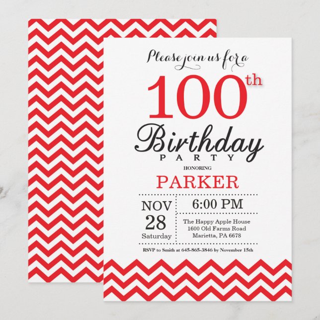 100th Birthday Invitation Red Chevron (Front/Back)