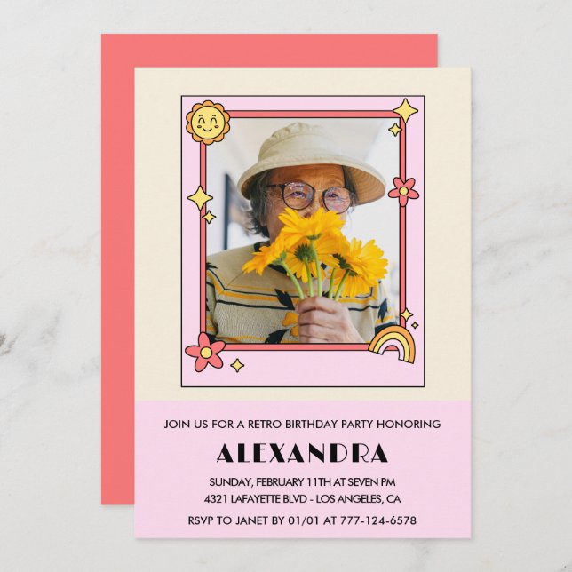 100th birthday invitation Retro Groovy Pink Floral (Front/Back)