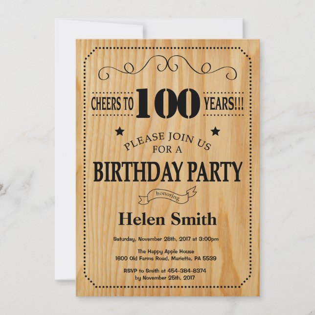100th Birthday Invitation Rustic Wood (Front)