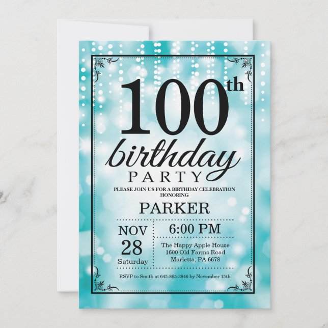100th Birthday Invitation Teal Glitter (Front)