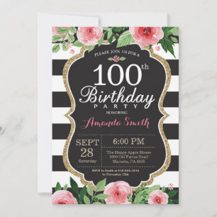 100th Birthday Invitation Women. Floral Gold Black