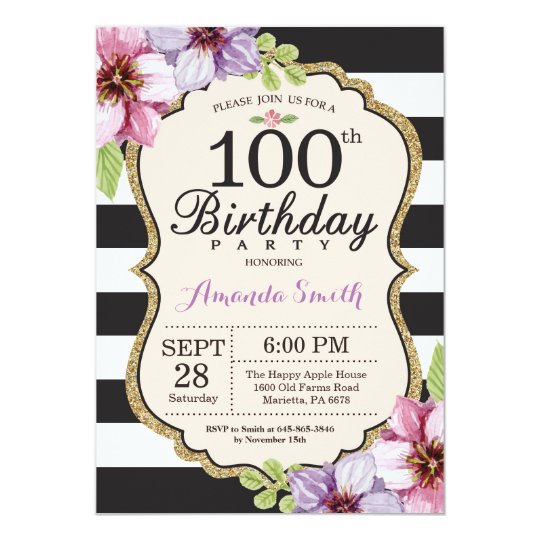 100th Birthday Invitation Women. Floral Gold Black | Zazzle.com.au