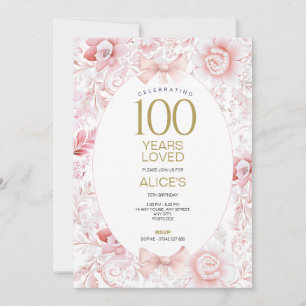 100th Birthday Invitation Women Pink Floral Toile