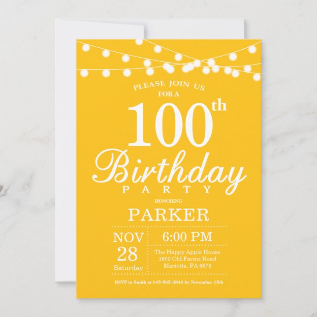 100th Birthday Invitation Yellow (Front)