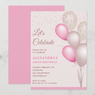 100th birthday invitations Balloons Pink Confetti