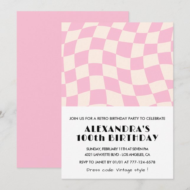 100th birthday invitations Chequered Retro Pink  (Front/Back)