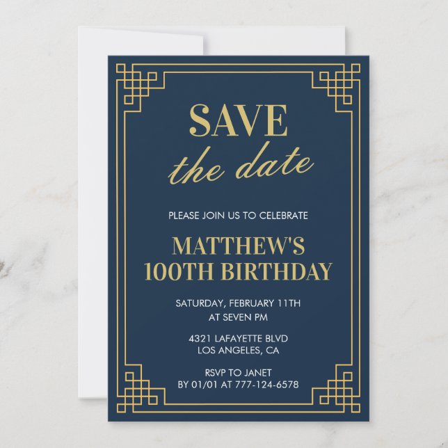 100th birthday invitations Men Save the date Navy (Front)