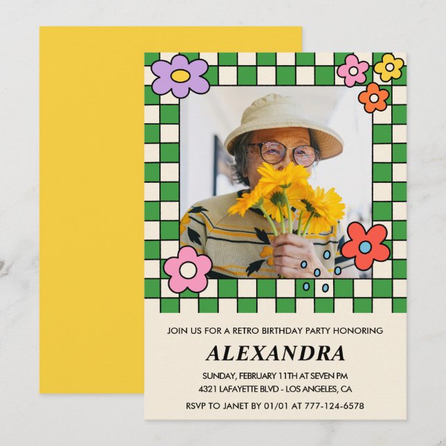 100th birthday invitations Retro Groovy Flowers (Front/Back)