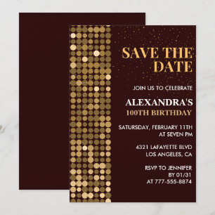 100th birthday invitations Save the date Gold
