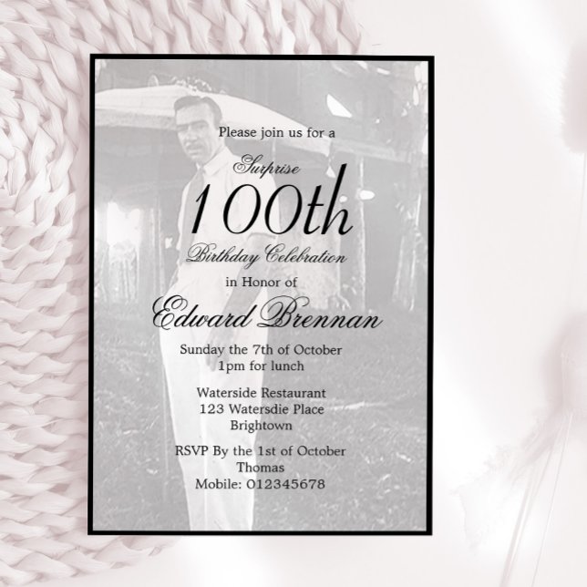 100th Birthday Male Stylish Photo Monogram  Invitation (Creator Uploaded)