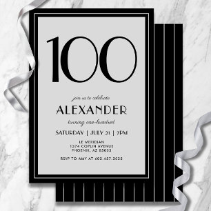 100th Birthday Modern Minimalist Mens Black Grey Invitation