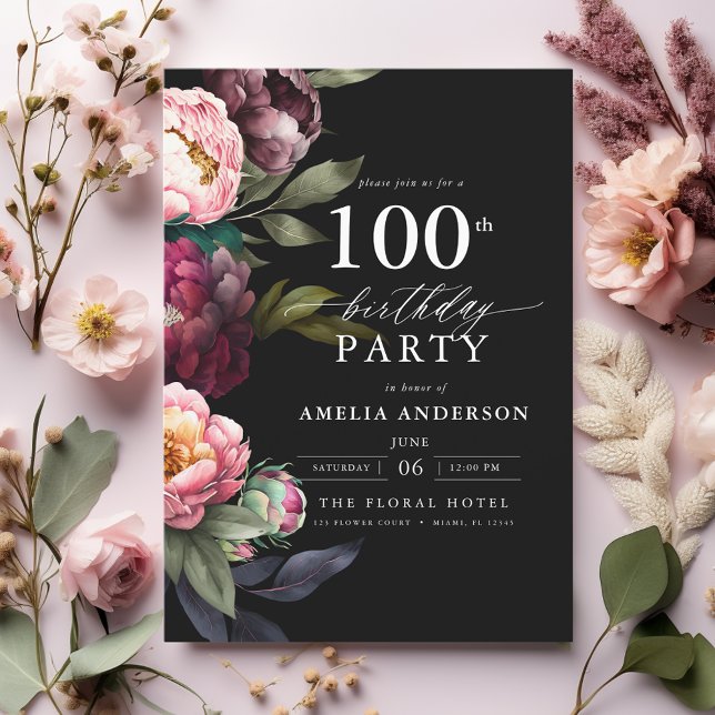 100th Birthday Modern Moody Burgundy Blush Floral Invitation (Creator Uploaded)