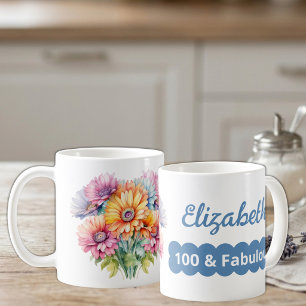 100th birthday name gerbera flowers blue coffee mug