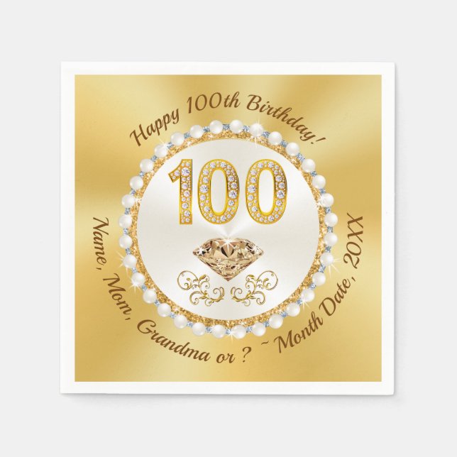 100th Birthday Napkins, 100th birthday serviettes Napkin (Front)