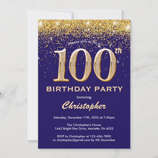 100th Birthday Navy Blue and Gold Glitter Confetti Invitation (Front)