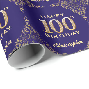 100th Birthday Navy Blue and Gold Glitter Frame Wrapping Paper