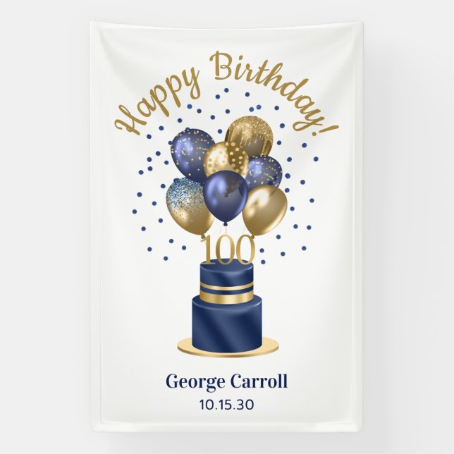100th Birthday Navy Blue Balloon Cake Banner (Vertical)