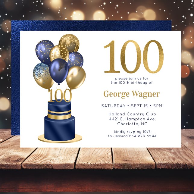 100th Birthday Navy Blue Balloon Cake Invitation (Creator Uploaded)