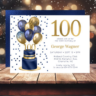 100th Birthday Navy Blue Balloon Cake Invitation