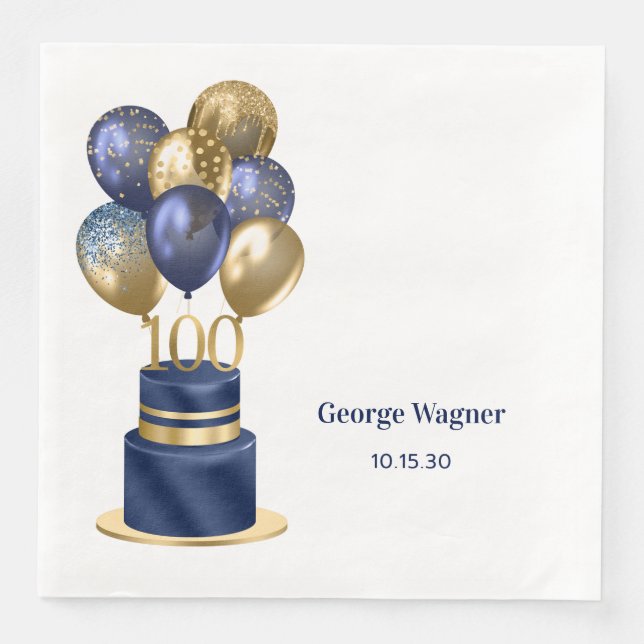 100th Birthday Navy Blue Balloon Cake Napkin (Front)
