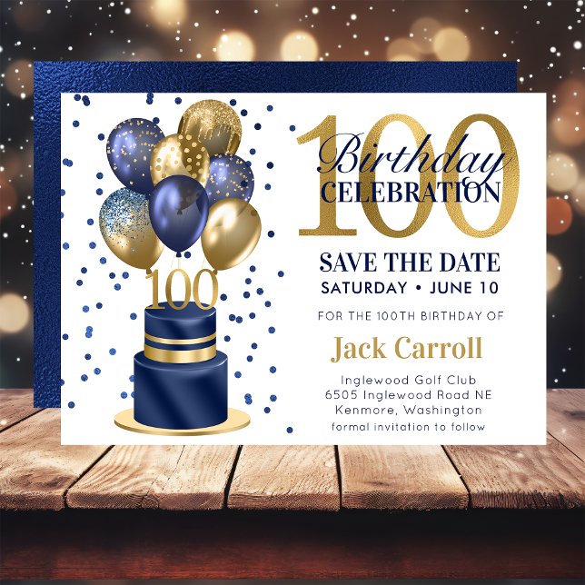 100th Birthday Navy Blue Balloon Cake Save The Date (Creator Uploaded)