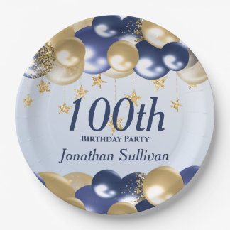 100th Birthday Navy Gold Balloons Party Paper Plate