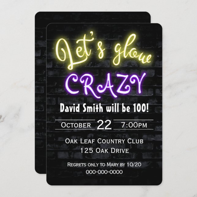 100th Birthday Neon Glow Sign on Brick  Invitation (Front/Back)