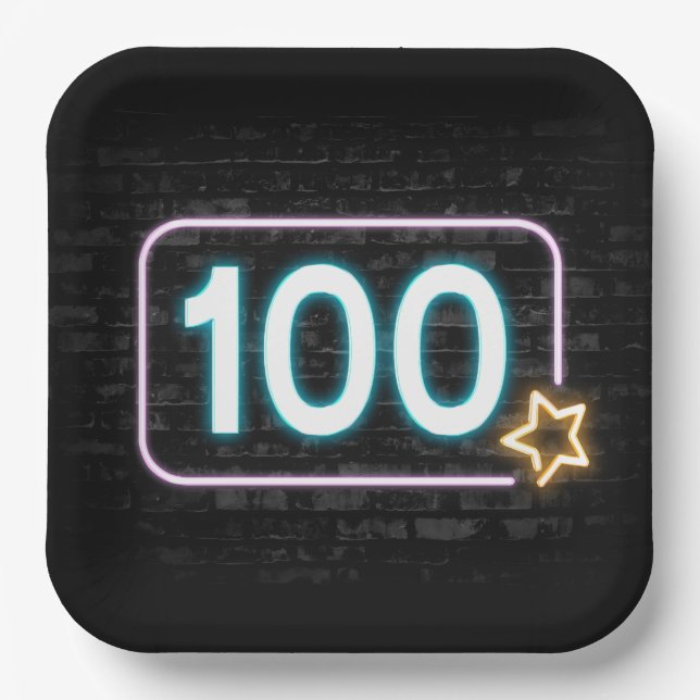 100th Birthday Neon Sign On Brick   Paper Plate (Front)