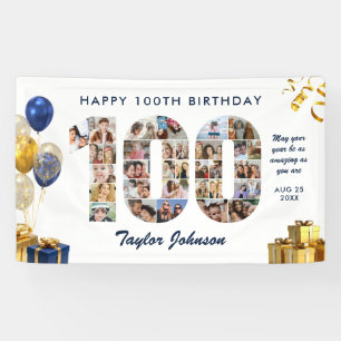 100th Birthday Number 100 Photo Collage White Gold Banner