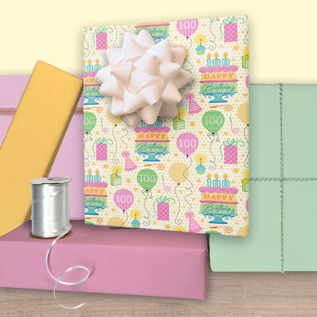 100th Birthday Number Candles Cake Balloon Wrapping Paper Sheet (Creator Uploaded)