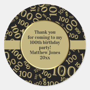 100th Birthday Number Pattern Black/Gold Classic Round Sticker